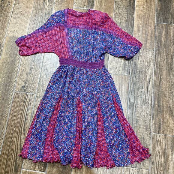 Vintage Diane Freis Dress Womens Medium Blue Red Floral Georgette Flare Boho 80s - Picture 13 of 16